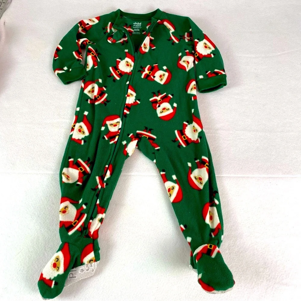 Carter's Green Christmas Santa Pajamas One piece Footie Full Zip Fleece Sz 18 mo